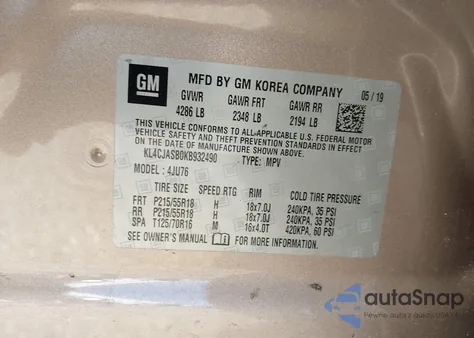 2019 Buick Encore Fwd Preferred z USA, uszkodzony, nr VIN KL4CJASB0KB932490